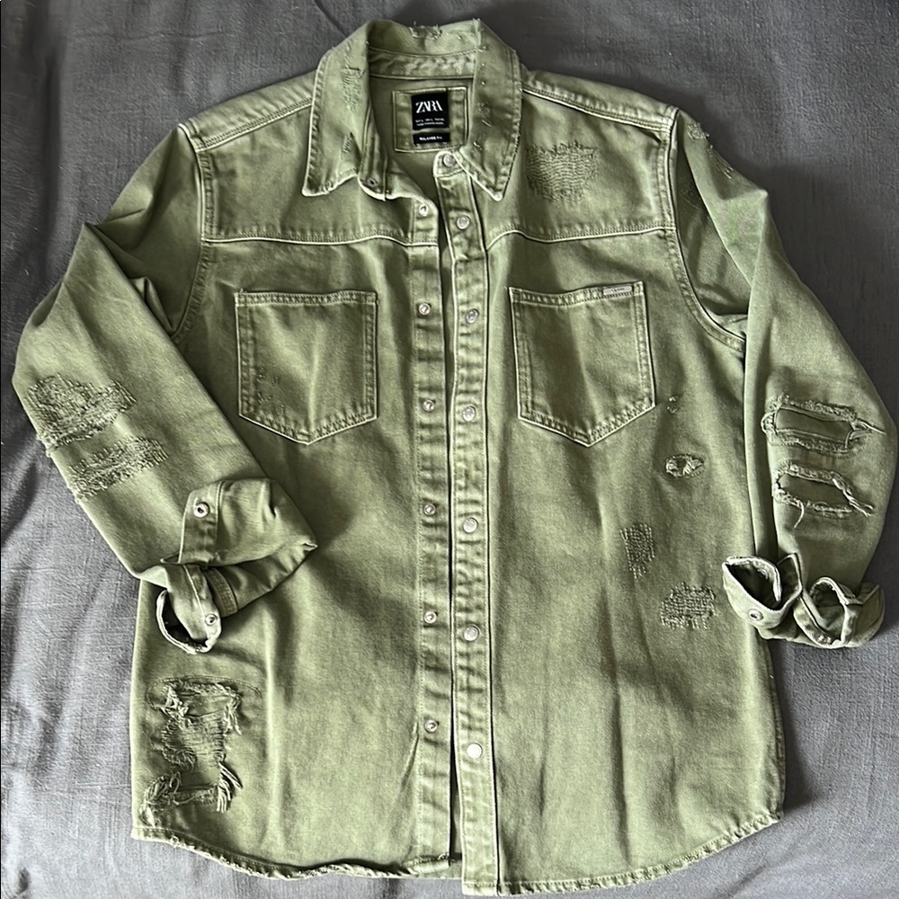 Zara Olive Green Distressed Denim Jacket